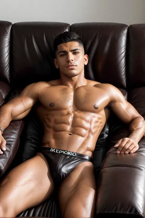 full color, commercial photo, 4K, uhd, muscular, smooth, very darkly tanned male, latino ethnicity, age 23, ((reclined flat on a leather couch), (arms outstretched), toned chest and abs, spiked short haircut, (wearing speedo)