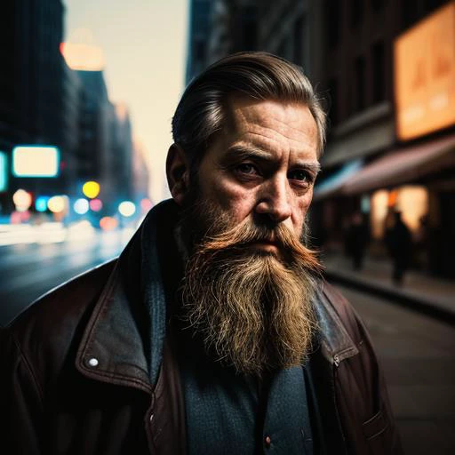 a close up of a man with a long beard and a leather jacket