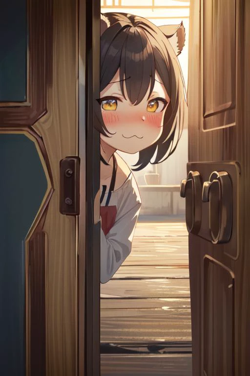 anime girl looking out of a door at the sun