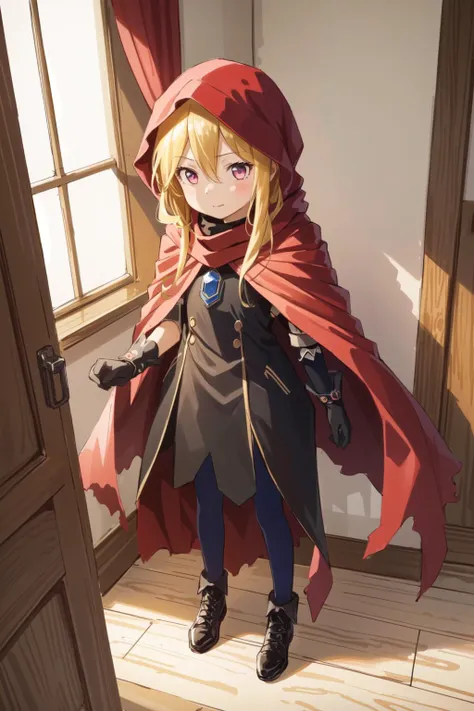 a woman in a red cape and black boots standing in front of a door