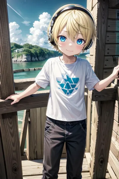 a young boy with headphones standing on a wooden deck