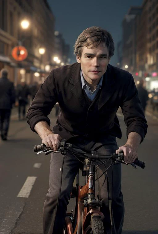 masterpiece, photography, realistic, <lora:drjameswilson:0.8> dr james wilson, riding a bicycle, city backround,