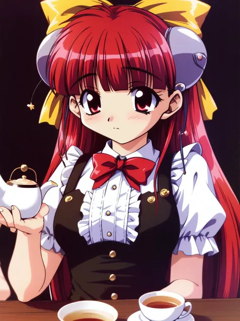 <lora:RISE_Nanako:0.8> Nanako, long_hair, red_hair, red_eyes, bow, bangs, hair_bow,  yellow_bow, blunt_bangs, hair_ornament,
Gothic Maid, cafe, tea,
masterpiece, high quality, very_high_resolution, large_filesize, full color,