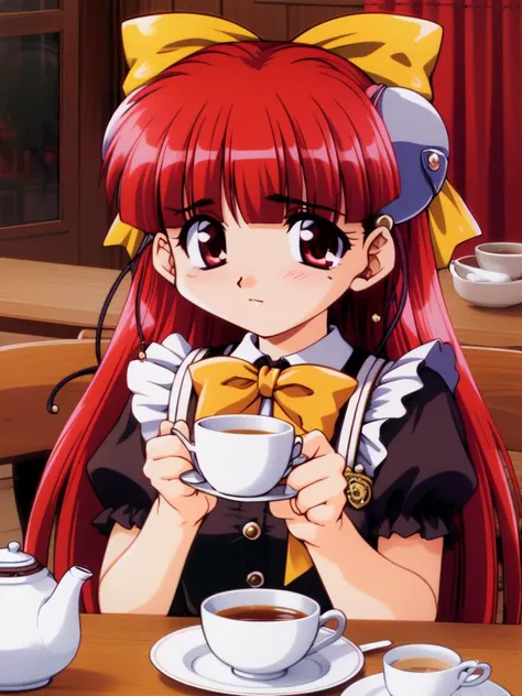 <lora:RISE_Nanako:0.8> Nanako, long_hair, red_hair, red_eyes, bow, bangs, hair_bow,  yellow_bow, blunt_bangs, hair_ornament,
Gothic Maid, cafe, tea,
masterpiece, high quality, very_high_resolution, large_filesize, full color,