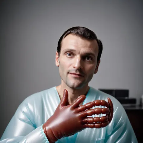 a medical doctor (man) with latex sausage (inflated) fingers on surgery at the hospital (scalpel knife) open chest, heart meat, veins, spilling blood, deformed hands, <lora:inflated:1.2> cinematic film still .  spherical high specular lighting, vignette, h...