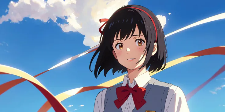 shinkai makoto, kimi no na wa., 1girl, bangs, black hair, blue sky, blush, bow, bowtie, brown eyes, cloud, collared shirt, hair ribbon, hairband, looking at viewer, negative space, outdoors, red bow, red bowtie, red hairband, red ribbon, ribbon, school uni...