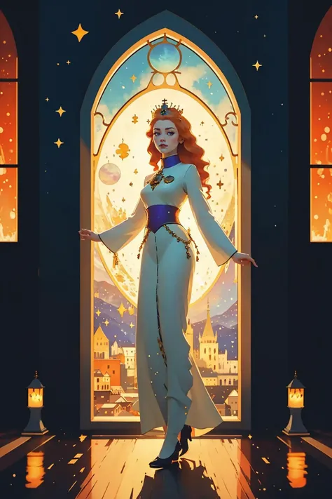 painting of a girl with long ginger hair in front of a church window, a cultural costume dress, a modest white tobe of a princess, a holy, saint, priestess
1girl, looking at the viewer, female focus, tall, realistic, /full-body/
castle, sky, night sky, moo...