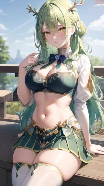 masterpiece,best quality,CG,wallpaper,high quality,high-definition,extremely detailed, 4k, 8k, HBAO, HDR,  pov_floor,   <lora:ceresFaunaHololive_v1:0.6>,1girl, breasts, (green hair:1.3), braid, braided bangs, cleavage, thighhighs, single braid, antlers, (y...