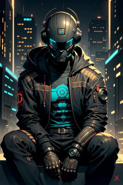 <lora:d3x3d-L:1.1> d3x3d  style male, sitting, wearing a cyberpunk helmet