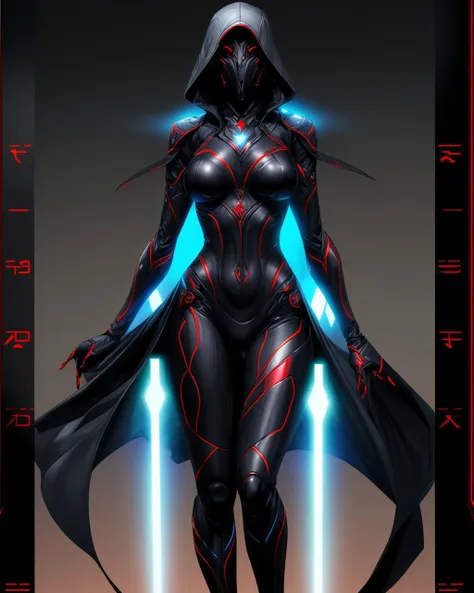 a woman in a black suit with red and blue lights