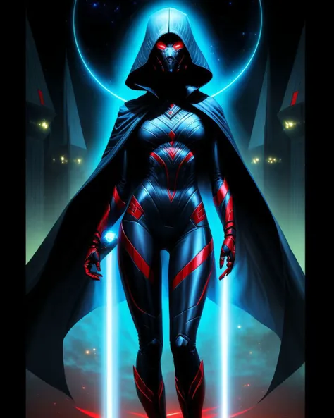 a woman in a black suit and cape standing in front of a blue light