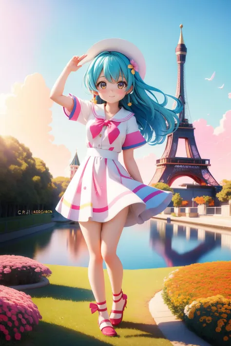 a woman in a dress and hat standing in front of the eiffel tower