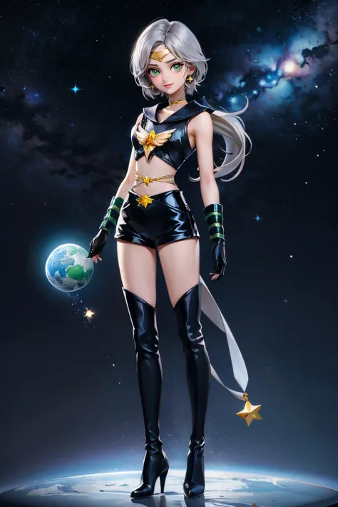 Sailor Star Healer, grey hair, green eyes, low ponytail, earrings, circlet, choker, elbow gloves, sailor collar, black top, belt, black shorts, thigh boots, heels, looking at viewer, smiling, full body shot, standing, asteroid, space,stars, high quality, m...