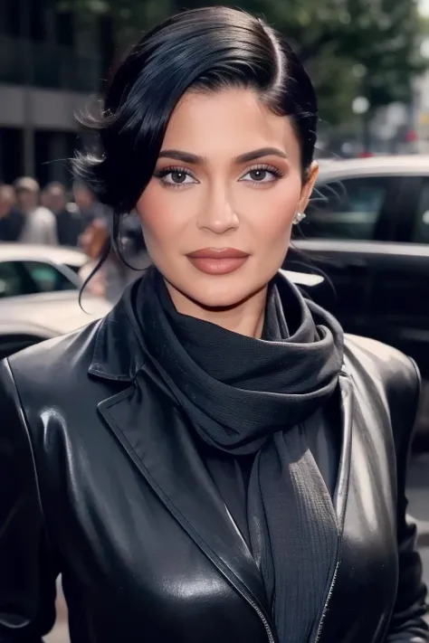 kylie1,1girl, solo, (realistic),(hyperrealism),(best quality),(masterpiece),(ultra high res),(photorealistic),(film grain),(upper body),eye makeup,detailed eyes,detailed face,black jacket, scarf, posing for a photo, outdoors, <lora:kylieX:1>