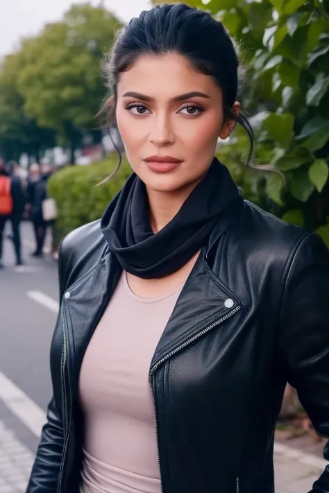 kylie1,1girl, solo, (realistic),(hyperrealism),(best quality),(masterpiece),(ultra high res),(photorealistic),(film grain),(upper body),eye makeup,detailed eyes,detailed face,black jacket, scarf, posing for a photo, outdoors, <lora:kylieX:1>