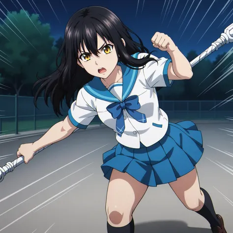 anime girl in a blue and white uniform holding a tennis racket