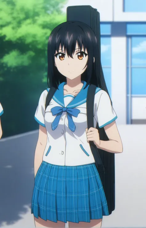 anime girl in school uniform standing next to a pole