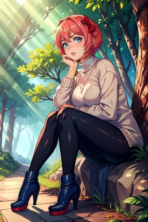 at a forest trail, winding path, sunlight filtering through trees, nature walk, sayori, blue eyes, coral pink hair, hair bow, red bow, <lora:ddlc:1>, Pensive, Eyes focused inward, brow furrowed, and lips pursed,  ripped leggings, oversized sweater, and hig...