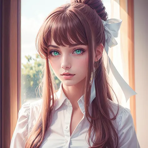 highres, HD quality, (best quality), ((masterpiece)), vibrant colors, monika, green eyes, brown hair, very long hair, ponytail, hair ribbon, white ribbon <lora:ddlc:1>