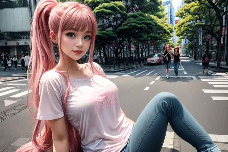 (masterpiece, best quality, 8K, detailed, photo predominance of soft pink colors, close to camera), an extremely delicate and beautiful, (Monika, green eyes, very long hair, ponytail, soft smile, jeans, t-shirt, ((Tokyo, park, afternoon))), <lora:DetailEnh...