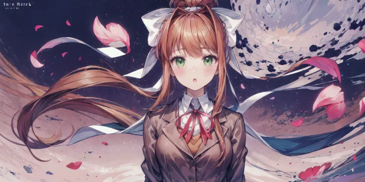 ((Monika, green eyes, ponytail, auburn hair)), masterpiece, best quality, absurdres, illustration, solo, looking at viewer, blush, purple eyes, :o, floating hair, hair ribbon, hair bow, very long hair, bangs, pleated skirt, school uniform, neckerchief, lon...