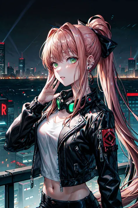 (Monika, green eyes, ponytail, gorgeous face, very long hair, perfect body), (masterpiece, best quality, highly detailed), (cyberpunk world), (hacker), (black leather jacket), (goggles), (earrings), (cityscape), (neon lights), (technology), <lora:DetailEnh...