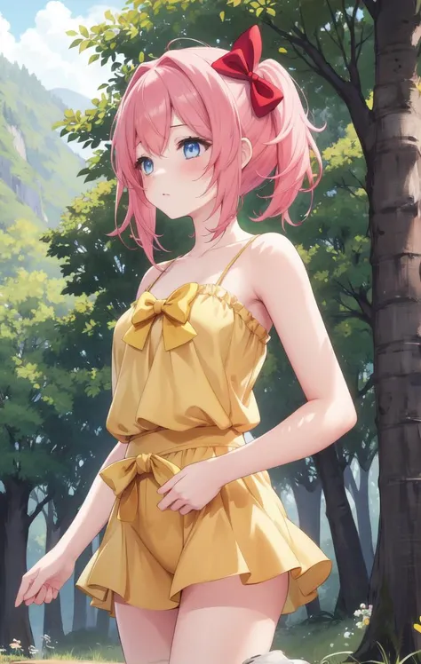 masterpiece, 1girl, solo, yellow top and yellow sports shorts, standing half-sided, hands on waist, cowboy shot
forest path, grass, trees, 
sayori, blue eyes, pink hair, hair bow, red bow <lora:ddlc:1>