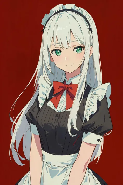 masterpiece,best quality,
upper body,
cowboy shot,
1girl,white hair,long hair,bangs,solo,
green eyes,
formal_dress,black maid dress,
(butler:1.2),
red bow,
gentle smile,
patterns,decoration,
<lora:add_detail:0.8>,<lora:style_Anime:1>,