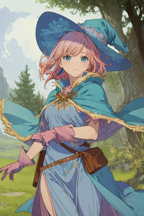 masterpiece,best quality,
fantasy design,
1girl,
cowboy shot,
pink hair,(medium hair:1.3),floating hair,
blue witch hat,
blue eyes,
blue long dress,cape,gloves,
(patterns:1.2),(decorations:1.2),
trees,grass,<lora:style_Anime:1>,<lora:add_detail:1>,