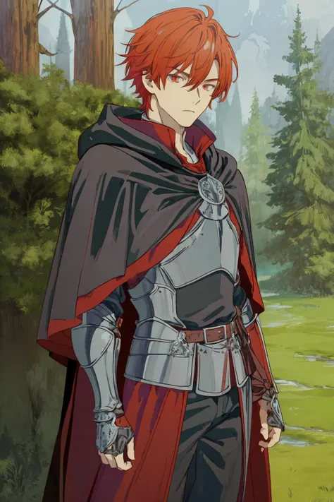 masterpiece,best quality,
fantasy design,
1man,male,(young man:1.3),adult,
upper body,cowboy shot,
red hair,short hair,handsome,
red eyes,detailed eyes,
silver armor,armor dress,(knight:1.3),armor boots,
(black cloak:1.3),
zentangle,
castle background,tree...