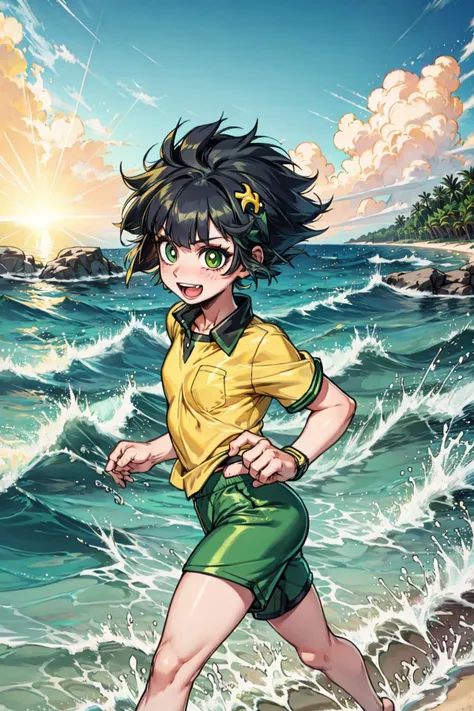 ppgzkor, green eyes, bright pupil, black hair, short hair, (yellow shirt, green shorts:1.2), :d, running, beach, <lora:PPGZ-Kaoru_Matsubara:1>