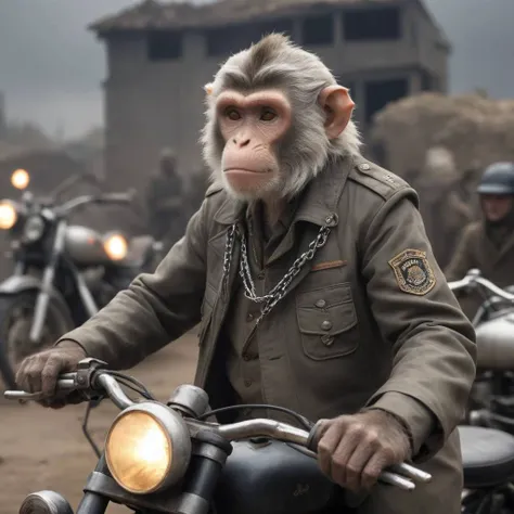 A land full of war trenches with lots of wreckage and remnants of war, flourescent lighting shoulder level shot (photograph:1.2) old wise grey haired monkey wearing (40s clothing:1.2) detailed background depth of field chains, mohawk, motorcycles