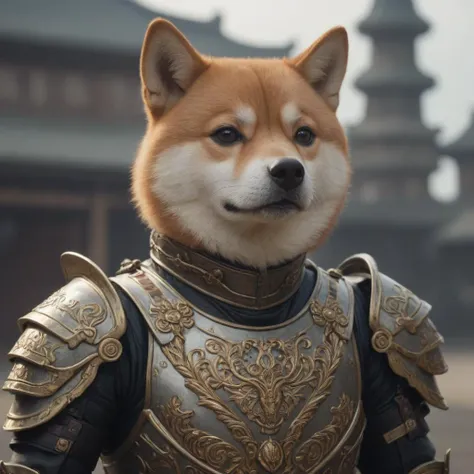 cinematic still of a shiba inu, fluffy neck, wearing a suit of ornate metal armor