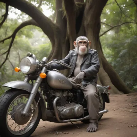 A place with a very vast nature with big trees and lots of vegetation, lit from below ground level shot (photograph:1.2) old wise grey haired monkey wearing (50s clothing:1.2) detailed background depth of field chains, mohawk, motorcycles