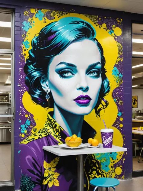 Wheatpaste of a (cafeteria:1.3) , the cafeteria is Cozy, sleek, elegant details, DayGlo yellow garden, Winter, deep focus, (street art designed by Tristan Eaton:1.2) , Pendleton Ward, Pointillism, Nostalgic lighting, 80mm, behance, DayGlo purple and Teal f...