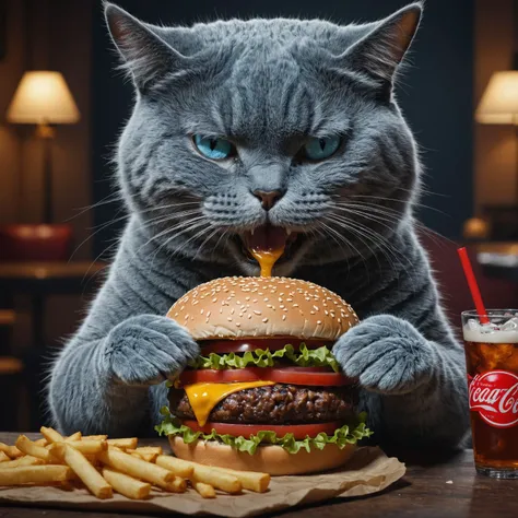 blue cat eating a burger and drinking a coke, RAW photo, best quality, ultrarealistic, ultra-detailed, vignette, highly detailed, high budget, moody, epic, gorgeous, film grain