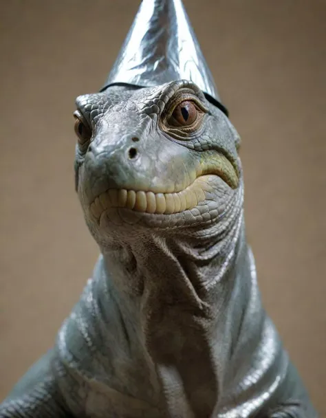 a beautiful high definition crisp portrait of old (reptile:1.2) american president, (tin foil cone on head:1.2), taken with a professional grade camera with exquisite color grading