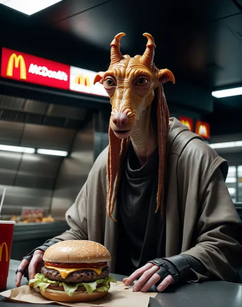 Jar Jar Binks in a mcdonalds, 8K, RAW, photography, atmospheric, cinematic, contrast, futuristic, expression, emotion, holding burger