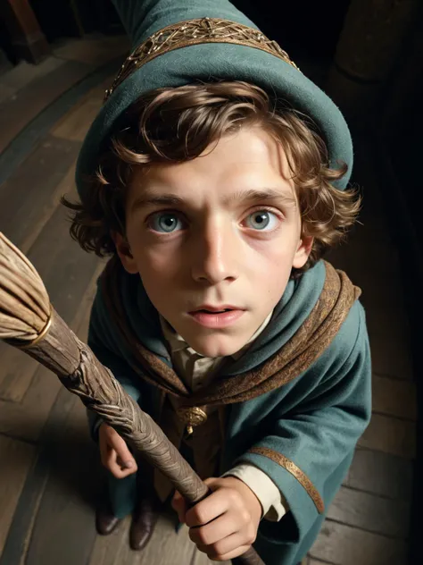 a high definition photo of wise wandering wizard boy with tall intricate magical staff, cinematic movie still, dutch angle, dynamic, interesting, captivating, close up face, from above, fisheye, highly detailed, surrealistic