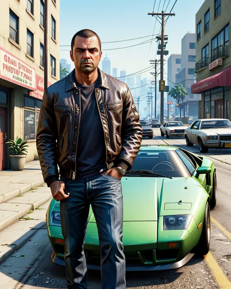 arafed man standing next to a green sports car in a city