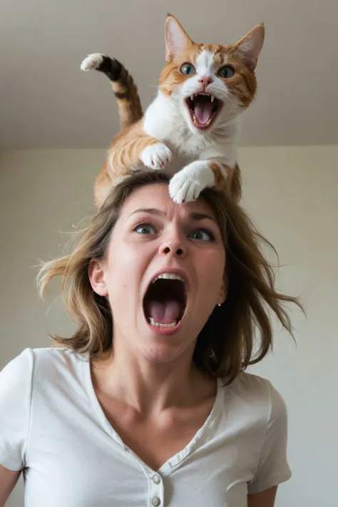 picture from side of  cat jumping on womans head  Both screaming woman scared <lora:SDXL xl_more_art-full_v1:0.8>