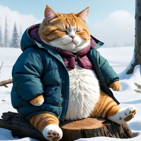 full body, (fat cat), sleeping on a stump, winter, in a jacket, hyper-detailed, hyper-realism, sharp frame, cinematics, lit <lora:lit:0.8>