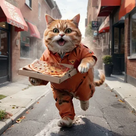 ((full body)), fat cat in pizza delivery suit, running down the street, pizza box in paws, in action <lora:xl_more_art-full_v1:1>, action-packed background, cinematic, high quality detail, high realism, bright contrasting colors