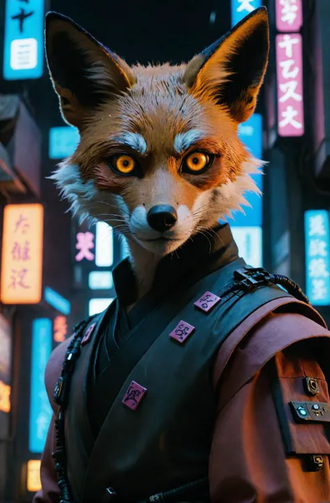 cinematic film still, samuraj fox, cyberpunk, undefined