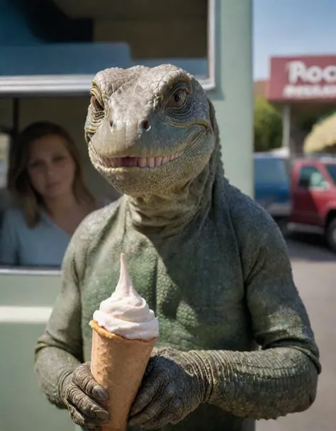 a beautiful high definition crisp portrait of old (reptile:1.2) skin selling icecream from a truck in a suburban area, taken with a professional grade camera with exquisite color grading