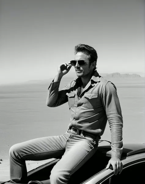 a black and white photo of the best quality showing a man sitting on the roof of his car, overlooking the desert, cowboy, sunglasses