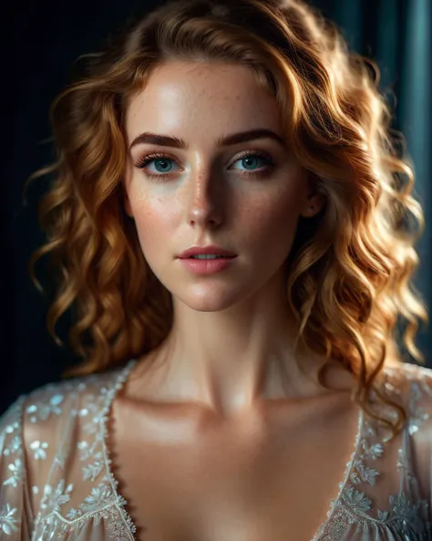 (full frame shot) of high resolution professional photoshoot of beautiful female with a detailed face and styled hair wearing a stunning nightgown hdr shadow colorful freckle textured surfaces dynamic lighting rang,  <hypernet:styltokSplashOf_v10:0.8> <hyp...