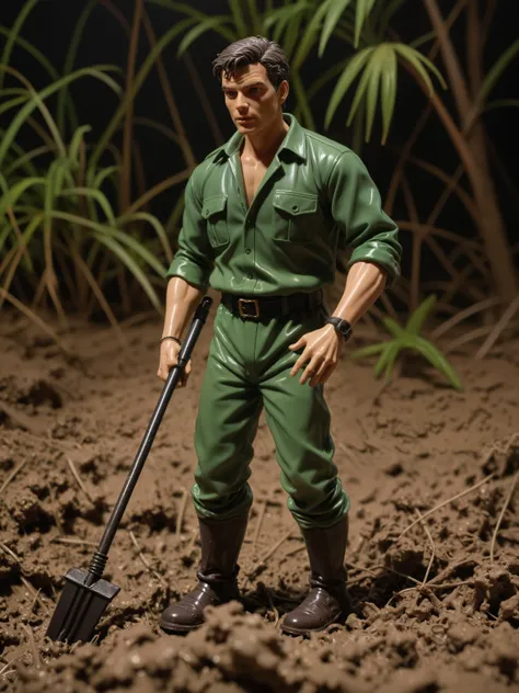 Action Man toy figure, 1990s toys, plastic, extremely detailed, lying in the gnarly mud, cienmatic, perfect dramatic lighting, dusk