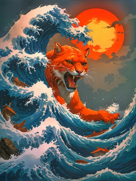 (dynamic ferocious silky orange puma roaring:1.1), (The Great Wave off Kanagawa:1.1), silk screen art, (ukiyo-e:1.1), (painted by Kim Hong-do:1.2), katsuhiro otomo, line art, glitch art, hergu00e9, (photograph:1.2) taken by: (John Pitre and John martin:1.3...