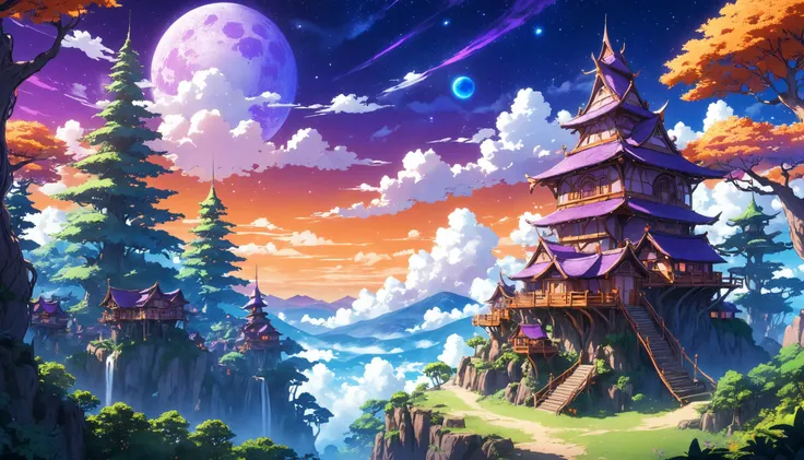 anime artwork fantasy village build on high trees in magical forest, high contrast, bright purple and orange lights, blue sky with white clouds . anime style, key visual, vibrant, studio anime,  highly detailed